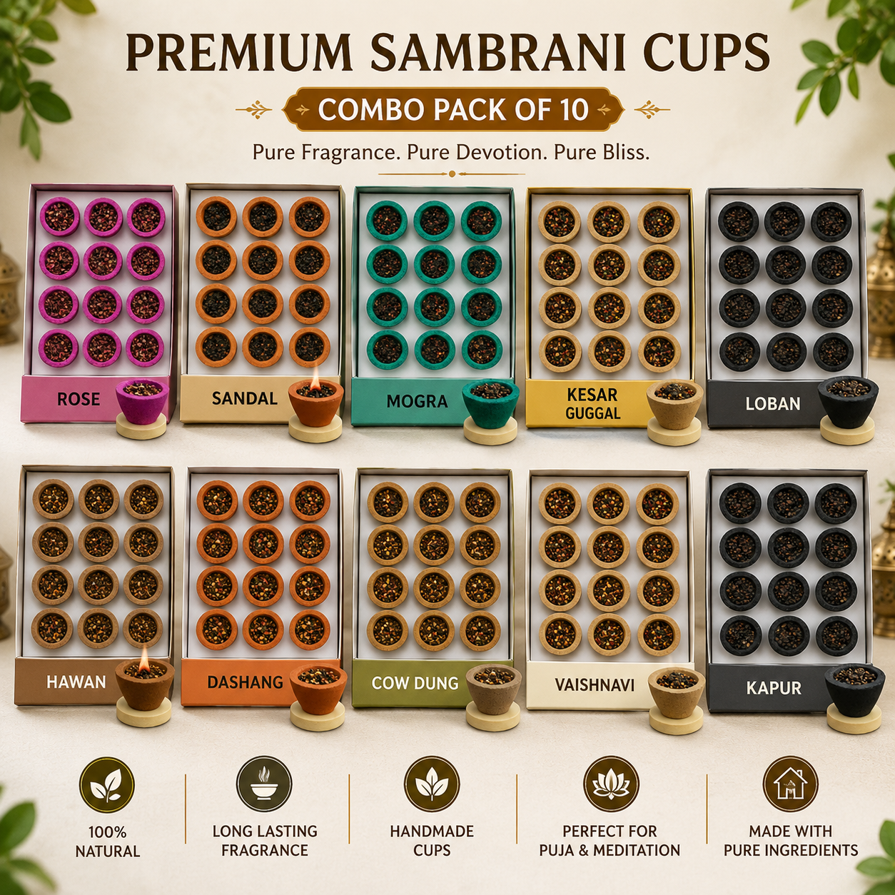 Sambrani Cups Combo Pack of 10 Boxes | 1 Box Each – Rose, Sandal, Mogra, Kesar Guggal, Loban, Hawan, Dashang, Cow Dung, Vaishnavi & Kapur