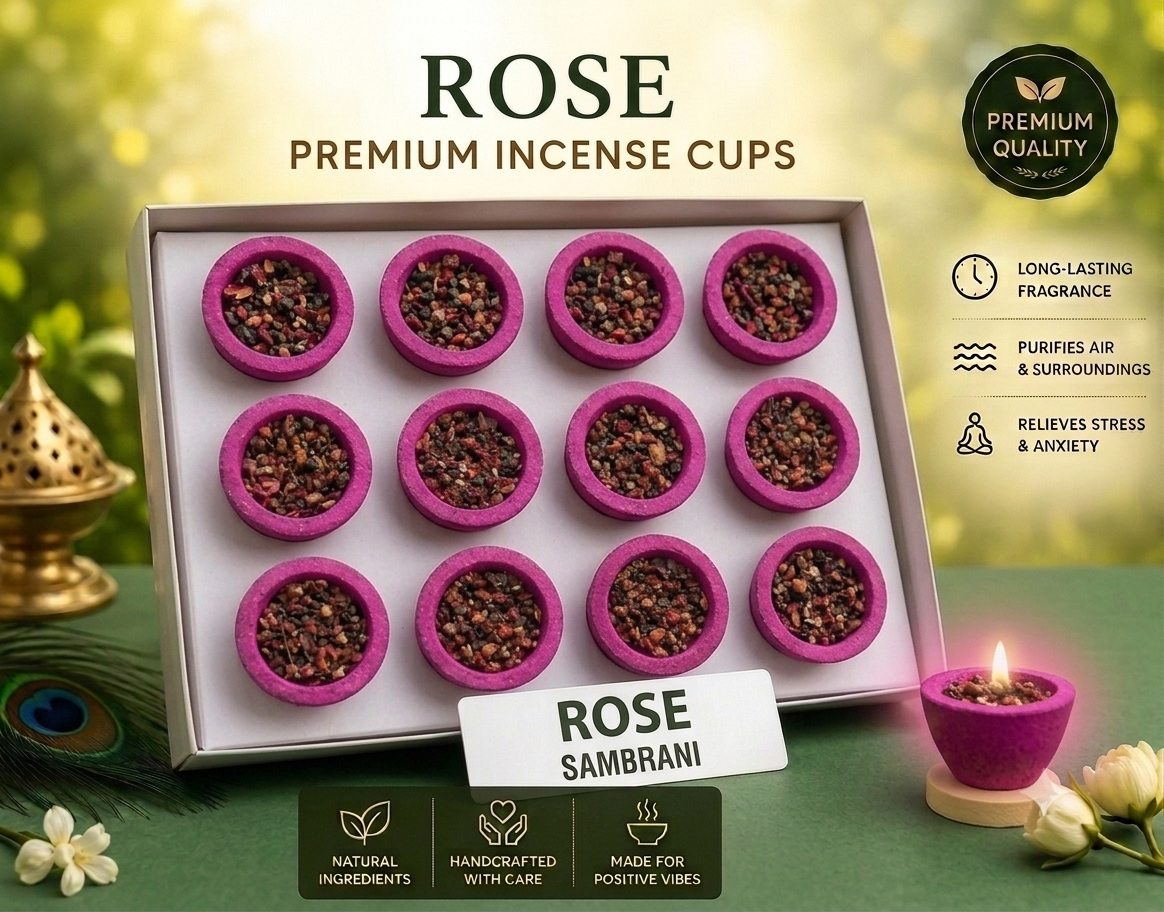 Rose Sambrani Cups (Pack of 3) | 36 Natural Rose Fragrance Dhoop Cups | Long Lasting Aroma | Handcrafted | Chemical-Free | Ideal for Pooja, Meditation & Home