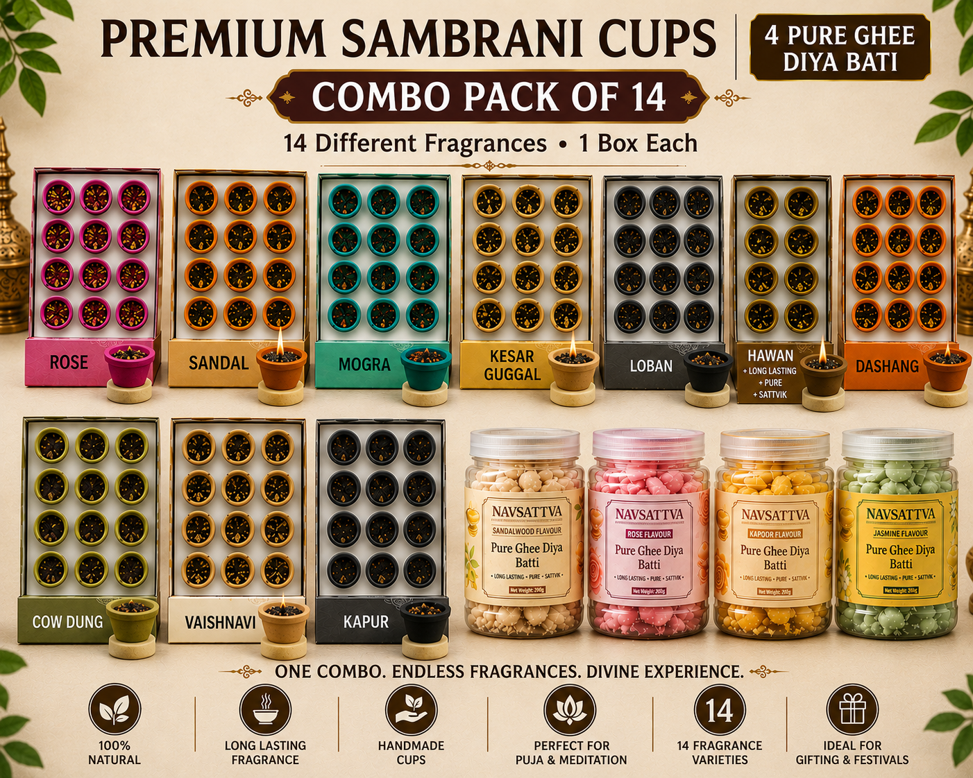 All-in-One Sambrani & Pure Ghee Diya Batti Combo – 14 Boxes | 10 Sambrani Cup Fragrances + 4 Pure Ghee Diya Batti | 1 Box Each | Complete Puja, Fragrance & Meditation Comb