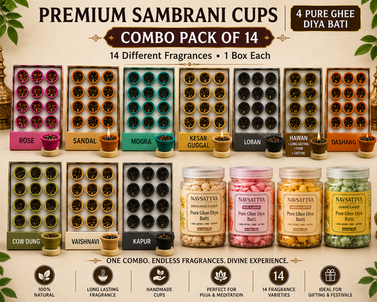 All-in-One Sambrani & Pure Ghee Diya Batti Combo – 14 Boxes | 10 Sambrani Cup Fragrances + 4 Pure Ghee Diya Batti | 1 Box Each | Complete Puja, Fragrance & Meditation Comb