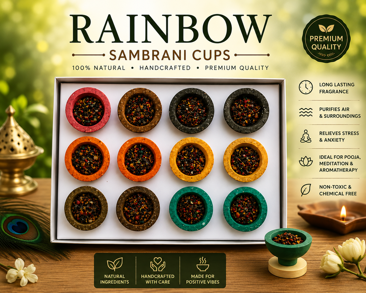 RAINBOW Sambrani Cups | 12 Premium Natural Dhoop Cups | Long Lasting Fragrance | Chemical Free | Handcrafted | Ideal for Pooja, Meditation, Home & Office Air Purification (Pack Of 3 - 36 Pic)