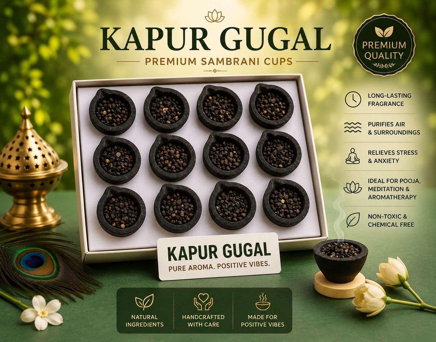 Kapur Sambrani Cups (Pack of 3) | 36 Natural Camphor Dhoop Cups | Long Lasting Fragrance | Chemical Free | Handcrafted | Ideal for Pooja, Meditation & Home Air Purification