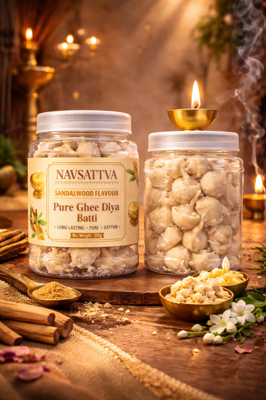 Pure Ghee Sandalwood Fragrance Diya Batti (Pack of 70+) – Long Lasting Puja Jyot | Sandalwood Aroma {15+minute Burning Time}