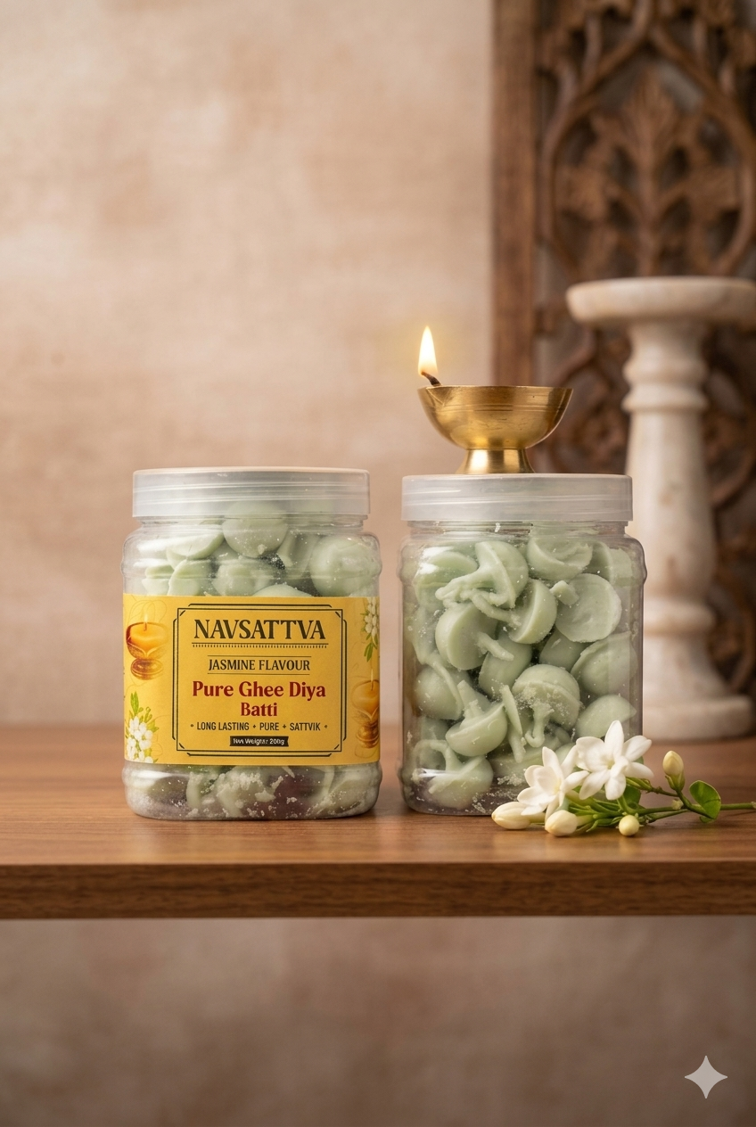 Pure Ghee Jasmine Fragrance Diya Batti (Pack of 70+) – Long Lasting Puja Jyot | Ready to Use Cotton Wicks {15+minute  Burning Time}