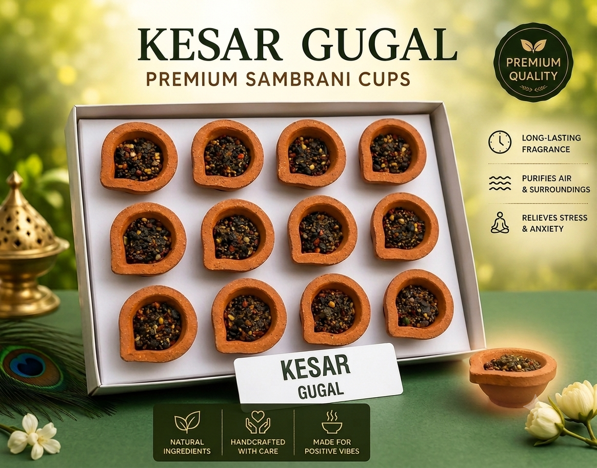 Kesar Guggal Sambrani Cups (Pack of 3) | 36 Natural Kesar Guggal Dhoop Cups | Long Lasting Fragrance | Handcrafted | Chemical-Free | Ideal for Pooja, Meditation, Havan & Home