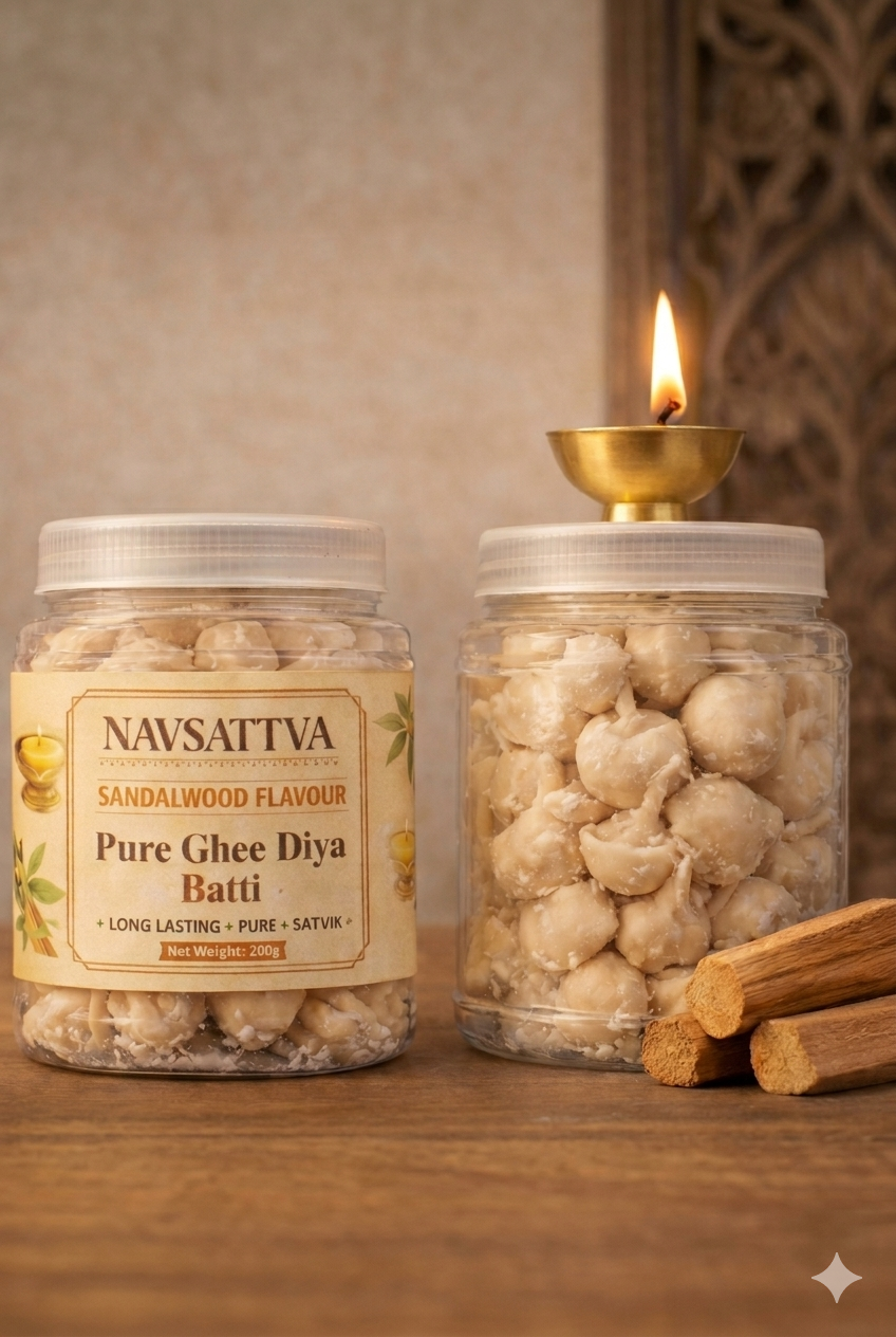 Pure Ghee Sandalwood Fragrance Diya Batti (Pack of 70+) – Long Lasting Puja Jyot | Sandalwood Aroma {15+minute Burning Time}