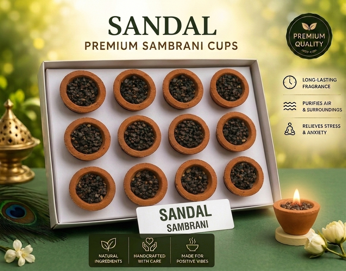 Sandal Sambrani Cups (Pack of 3) | 36 Natural Sandalwood (Chandan) Dhoop Cups | Long Lasting Fragrance | Handcrafted | Chemical-Free | Ideal for Pooja, Meditation & Home
