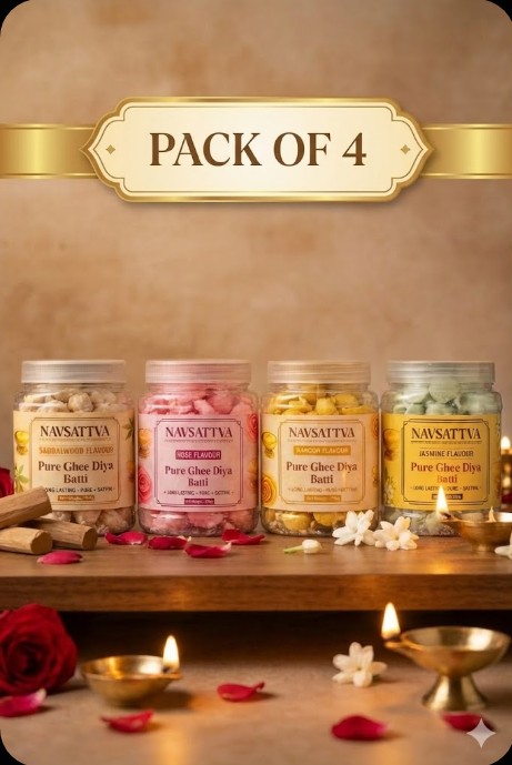 Pure Ghee Diya Batti Combo - Pack of 4 (Rose, Sandalwood, Jasmine & Kapoor) | 100% Pure, Satvik & Long Lasting - 200g Each {15+minute Burning Time}